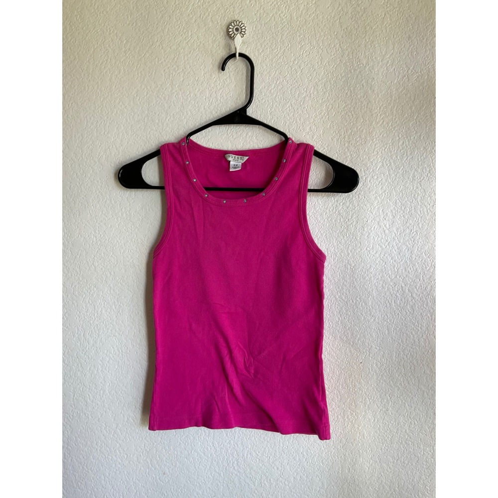 Guess Jeans Hot Pink Rhinestone Embellished Ribbed Tank Top Womens Small Medium